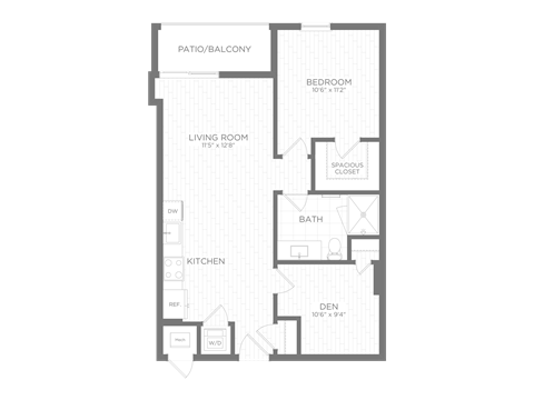 Floor plan for 1 bed, 1 bath, 694 sqft